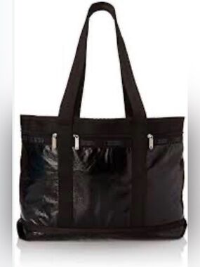 Le Sportsac Classic Black Crinkle Patent Large Tote with Zip Pockets - Very GUC
